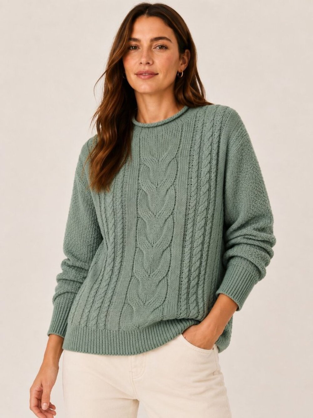 J. Crew Sage Green Cable knit Roll neck sweater size Large Preppy Fisherman